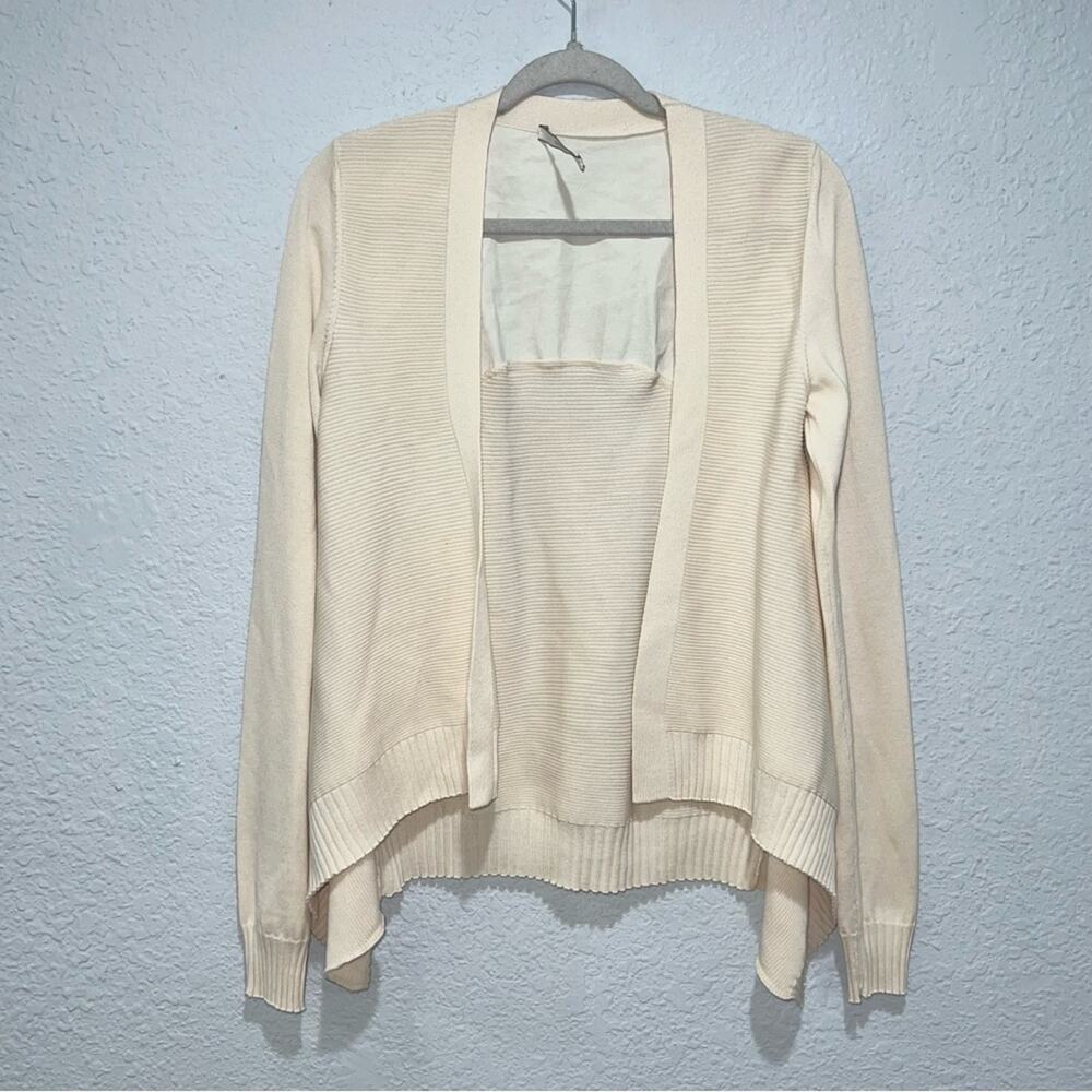 Depietri Leather Panel Open Front Wool Silk Blend Cardigan